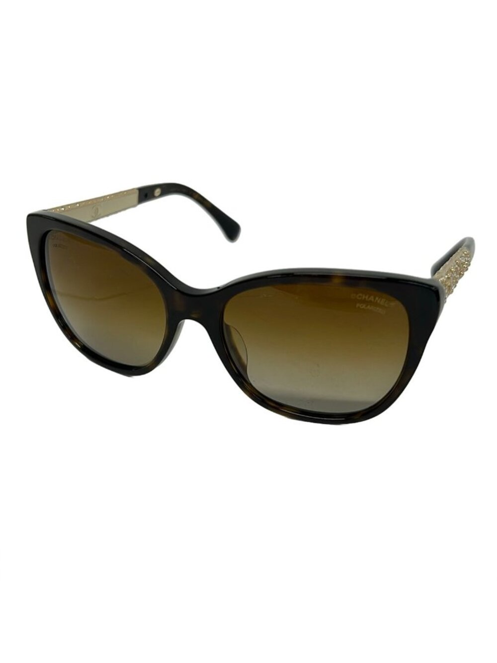 Chanel Sunglasses Dark Brown Clear Gold Rhinestone CC Logo Polarized Lens